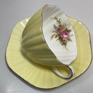 Foley Yellow Teacup and Saucer, Scalloped with Flowers